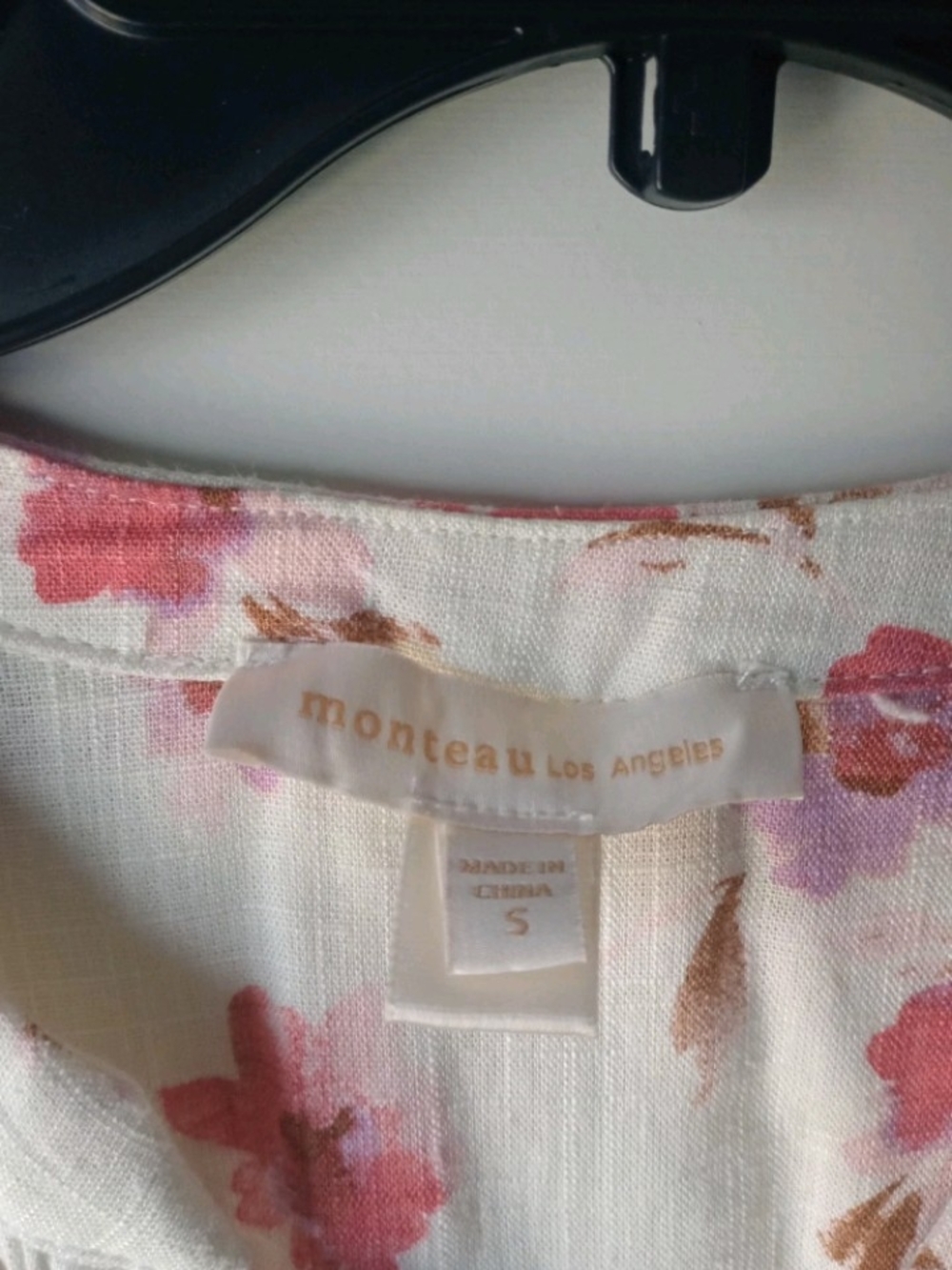 Monteau of Los Angeles Floral Beige Linen Blend Dress Sz S Cottagecore Whimsy